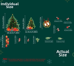 Detailed dimensions of Christmas wall stickers showing wreath, reindeer, and tree sizes