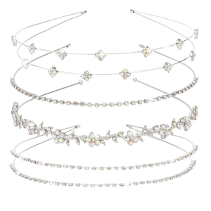 Detail of 5-piece silver bridal headband set featuring pearls and sparkling rhinestones
