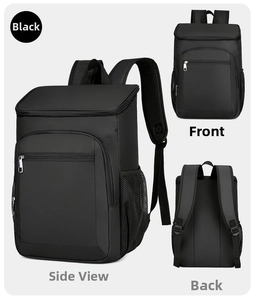 Detail view of black insulated outdoor backpack showing front, side, and back perspectives