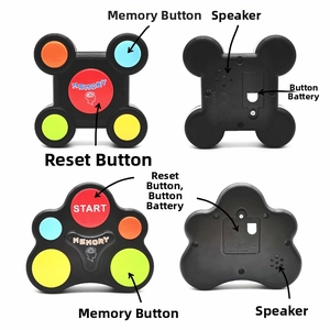 Macro view of handheld memory game buttons and speaker on black electronic toy