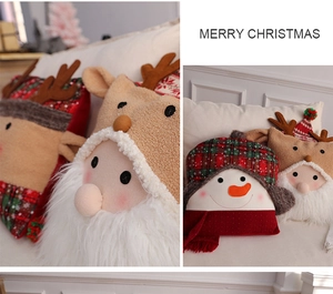 Detailed view of plush Christmas cushions featuring Santa, reindeer, and snowman designs