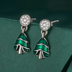 925 sterling silver Christmas tree stud earrings with green enamel and white gemstones