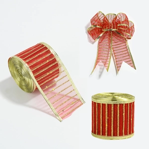 200cm Red and gold glitter mesh Christmas ribbon with stripes for festive tree decor