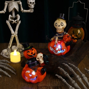Halloween Luminous Pumpkin Skull Ornaments Resin LED Light Up Glowing Figurines For Party Desk Home Decoration