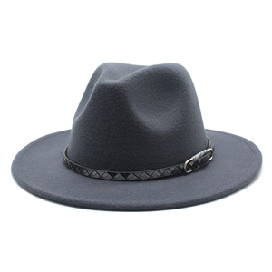 Detail shot of a charcoal grey wool fedora hat featuring a black faux leather buckled band