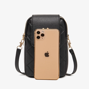 Black quilted mini crossbody cell phone bag with gold hardware and adjustable strap