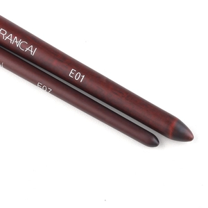 Detailed close-up of Rancai makeup brush wooden handles with E01 and E07 labels