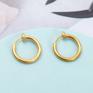 Polished gold stainless steel spring clip-on hoop earrings for non-pierced ears