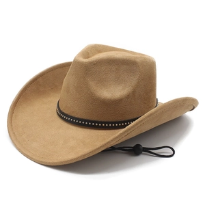 Classic camel faux suede cowboy hat with studded leather band and adjustable wind rope