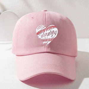 Pink baseball cap featuring heart baseball stitching print and Mama artistic text