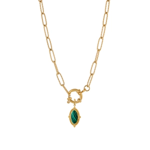 Elegante collana vintage dorata con pendente in malachite su catena a graffetta