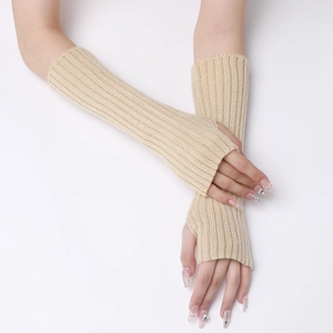 Detailed knit texture and fingerless design of beige striped long arm warmers