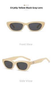 Detailansicht der gelben Cat-Eye-Sonnenbrille mit silbernem Logo und dunkelgrauen Gläsern
