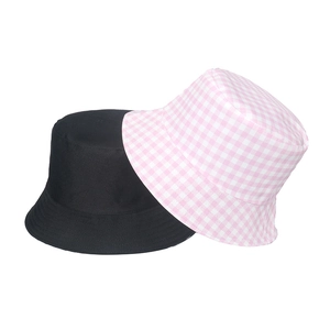 Classic black and pink plaid reversible cotton sun hat with a wide brim for women