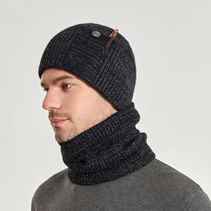 Men's winter knitted beanie and neck warmer set in dark grey melange with wood button