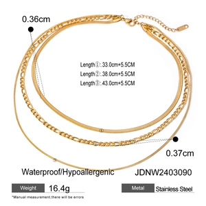Three-layer stainless steel necklace set with flat snake and figaro chain strands