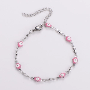 Silver stainless steel bracelet featuring pink enamel fish charms and lobster clasp