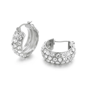 Elegant silver hoop earrings with shimmering clear rhinestones on white background
