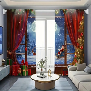Detailed digital print of Santa and reindeer on festive Christmas window curtains