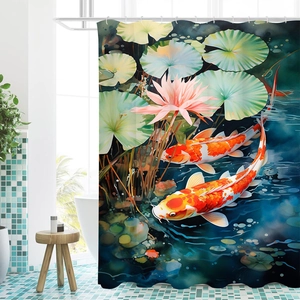 Detailed watercolor shower curtain featuring red koi fish, pink lotuses and green lily pads