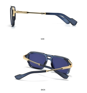 Side and back view of aviator sunglasses with navy blue frames and gold metal temples