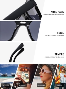 Détails des plaquettes de nez, charnières en métal et branches de lunettes de soleil carrées