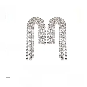 Asymmetric silver U-shaped tassel earrings with rhinestones and S925 silver needles