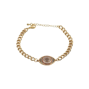 Adjustable gold plated evil eye bracelet with colorful cubic zirconia stones and lobster clasp