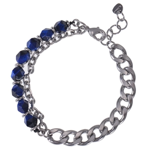 Detail of blue tiger eye beads and stainless steel Cuban chain bracelet with heart charm
