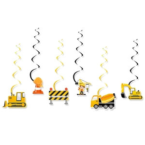 Construction theme birthday party hanging swirls with excavator and bulldozer cutouts
