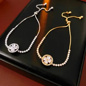 Tennis Bracelet For Women Copper Zirconia Rotating Lucky Clover Pendant Adjustable Slider Clasp Elegant Jewelry Gift