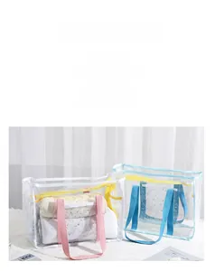 Close-up of portable mesh beach bags with colorful handles for toiletries and towels