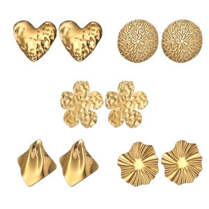 5 pairs of 18K gold-plated stainless steel heart and geometric textured stud earrings set
