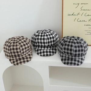 Classic checkered wool octagonal newsboy hat for girls in brown and grey winter plaid