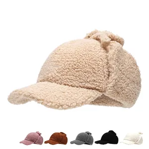 Winter faux lamb wool baseball cap with ear flaps available in six assorted neutral colors