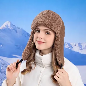 Women's brown fleece lining trapper hat with quilted design for winter outdoor skiing