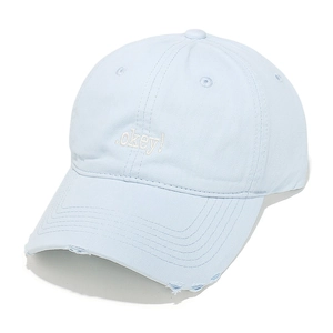 Detail of light blue cotton baseball cap with okey embroidery and distressed brim edge