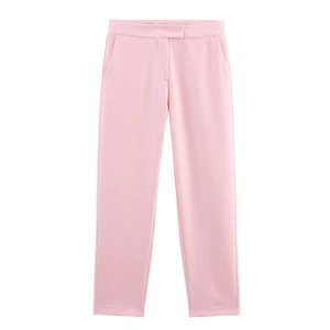 Pink high-waisted straight-leg trousers for women with elegant drape and minimalist design