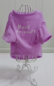 Detail view of purple pet T-shirt with Best Friends text on a white mannequin stand