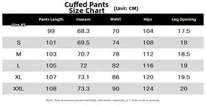 Size chart for men's casual joggers showing measurements from XS to XXL in cm
