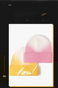 Detail of gradient pink and yellow knitted beanies with soft core-spun yarn texture