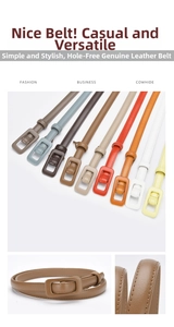 Detail view of multi-color slim cowhide leather belts for women with leather-wrapped buckles