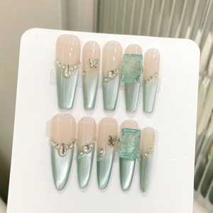 Long Coffin Stiletto Press On Nails Mint Green Cat Eye Effect K9 Glass Rhinestone Square Diamond Butterfly Alloy Decor