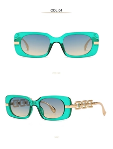 Detail view of square green sunglasses with blue to yellow gradient lenses and gold metal arms