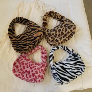 Women Faux Fur Handbag Plush Animal Print Leopard Zebra Underarm Shoulder Bag Autumn Winter Casual Purse