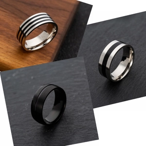 Three-piece stainless steel ring set for men in silver and matte black finish