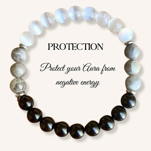 Bohemian natural gemstone bead bracelet featuring moonstone, labradorite, and onyx stones