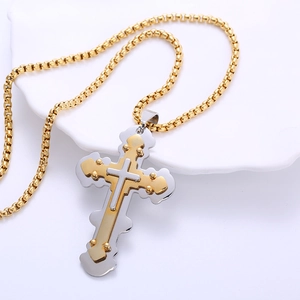 Vintage men's stainless steel two-tone gold and silver triple-layered cross pendant necklace