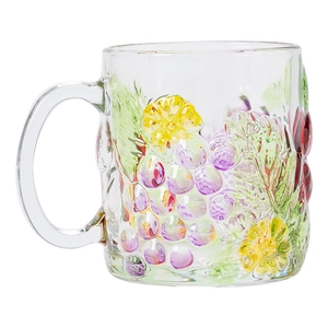 Hand-painted grape and flower pattern glass mug with handle on white background