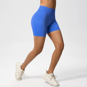 Close-up of bright blue seamless gym shorts showing high-waist compression texture